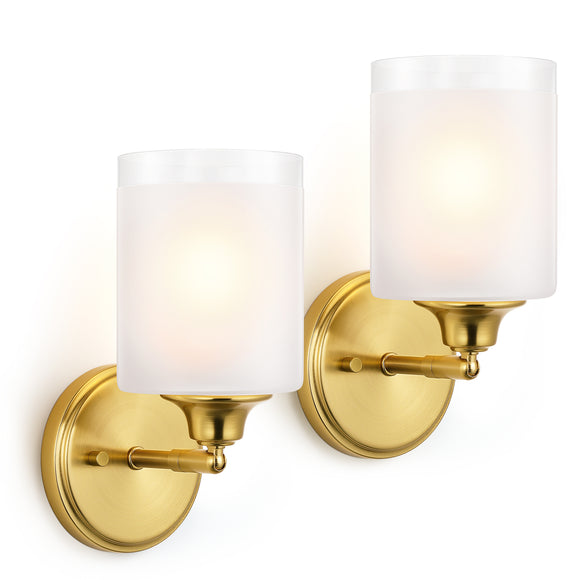 Bathroom Wall Sconce Set of Two with Frosted Glass Shades, Modern Indoor Vanity Wall Light for Mirror Bedroom Living Room Stairs(Gold, Max 60W E26 Base)