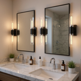 LIBOZMKO Wall Sconces Set of Two, Bathroom Sconces Wall Lighting with Clear Glass Shade 2-Light Bathroom Light Fixtures Modern Matte Black Vanity Light for Mirror Bedroom Washroom Hallway (E26 Base)