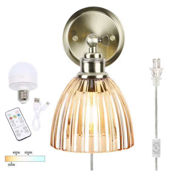 Battery Operated Wall Sconce with Remote Bulb, Plug-in or Hardwired, Rechargeable 3-Color Temperature Bulb (3000K/4000K/6500K), Vintage Amber Glass Shade for Bedroom, Living Room(Oval 1-Pack)
