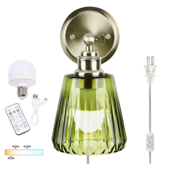 Battery Operated Wall Sconce with Remote Bulb, Plug-in or Hardwired, Rechargeable 3-Color Temperature Bulb (3000K/4000K/6500K), Vintage Green Glass Shade for Bedroom, Living Room(Trapezoid 1-Pack)