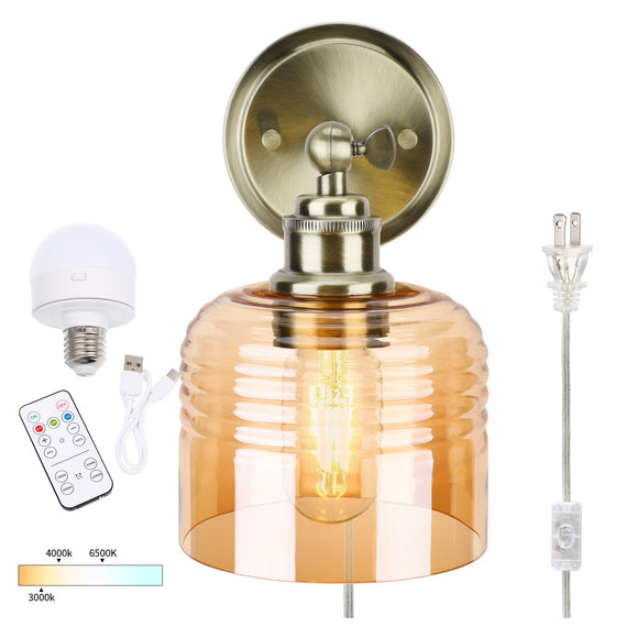 Battery Operated Wall Sconce with Remote Bulb, Plug-in or Hardwired, Rechargeable 3-Color Temperature Bulb (3000K/4000K/6500K), Vintage Amber Glass Shade for Bedroom, Living Room(Bowl 1-Pack)